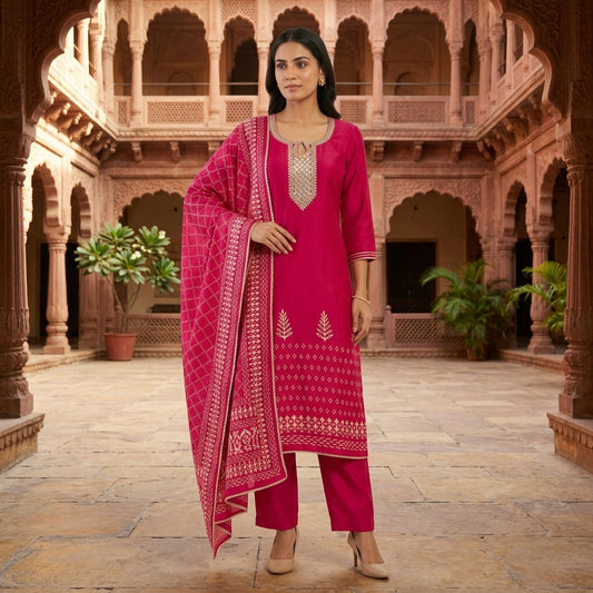 Gajji Silk Printed Unstitched Suit with Gotta Lace Zari Embroidery & Border Lace Dupatta
