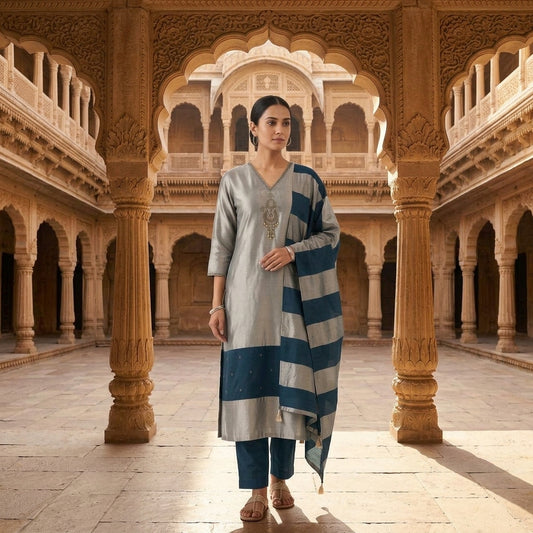 Pure Silk Unstitched Suit with Dabka Pearl Embroidery, Coin Hanging & Printed Silk Dupatta