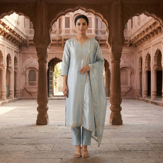 Pure Self Shimmer Giraffe Silk Unstitched Suit with Dabka Kutdanna Pearl Embroidery & Tassel Border Lace Dupatta