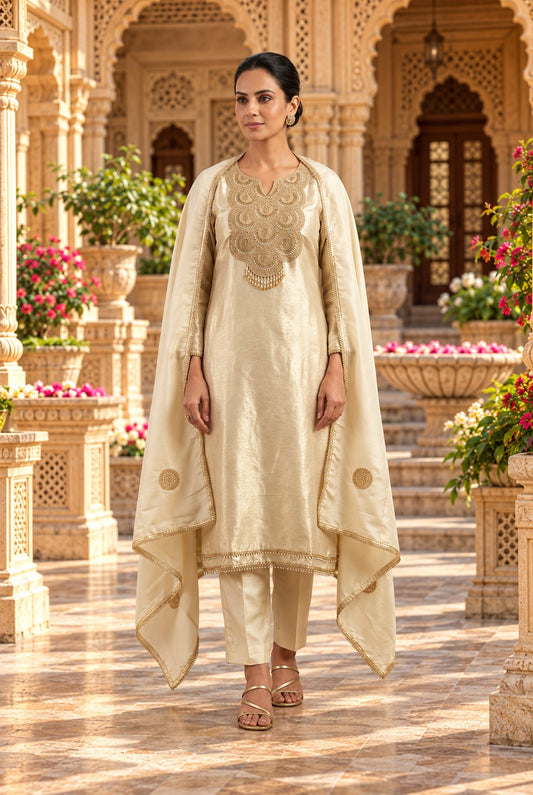 Pure Self Shimmer Giraffe Silk Unstitched Suit with Neck Patchwork, Pearl Ghera Lace & Shimmer Silk Dupatta