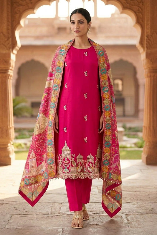 Pure Satin Crepe Unstitched Suit with Resham Zari Pearl Kutdanna & Banarasi Silk Dupatta