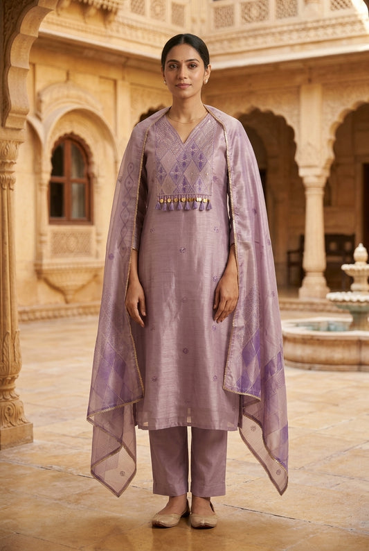 Pure Self Glass Organza Unstitched Suit with Sequence Resham, Yoke Coins & Printed Organza Dupatta