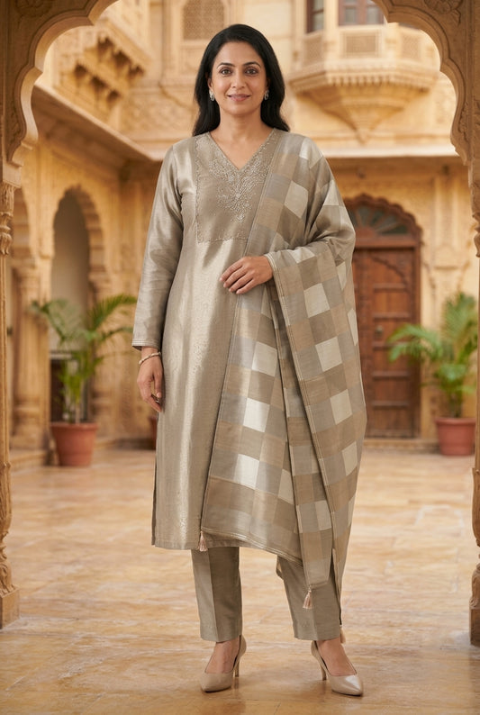 Pure Self Shimmer Giraffe Silk Unstitched Suit with Dabka Sequence Zari Pearl Kutdanna Embroidery
