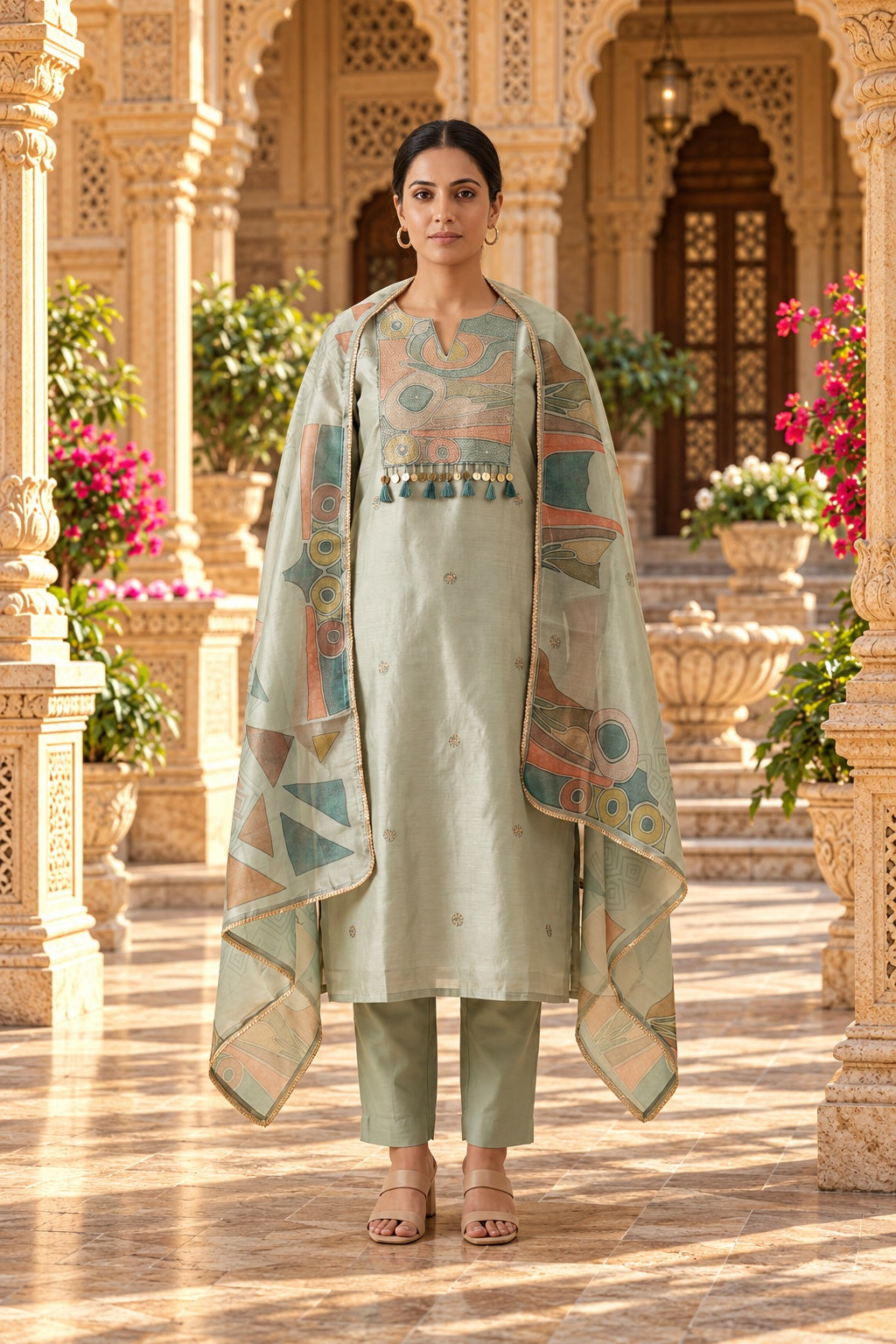 Pure Self Glass Organza Designer Unstitched Suit with Sequence Resham Embroidery & Coin Tassels