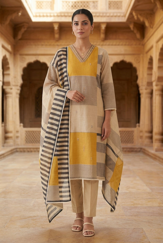 Super Soft Mul Chanderi Designer Unstitched Suit with Patri Moti Hand Embroidery & Printed Dupatta