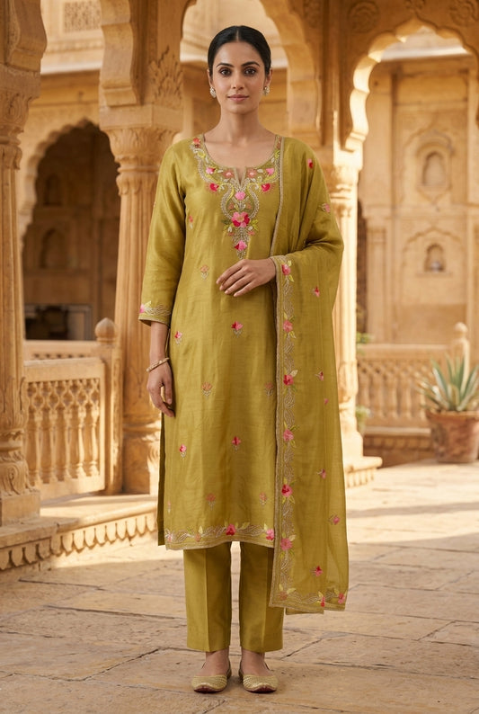Festive Shimmer Silk Unstitched Suit with Gotta Patti Resham Embroidery & Gotta Lace Dupatta