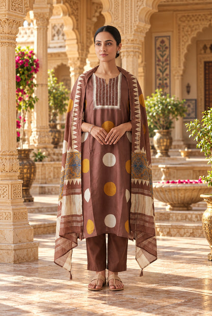 Pure Silk Polka Dots Printed Unstitched Suit Set with Pearl Dabka Hand Embroidery