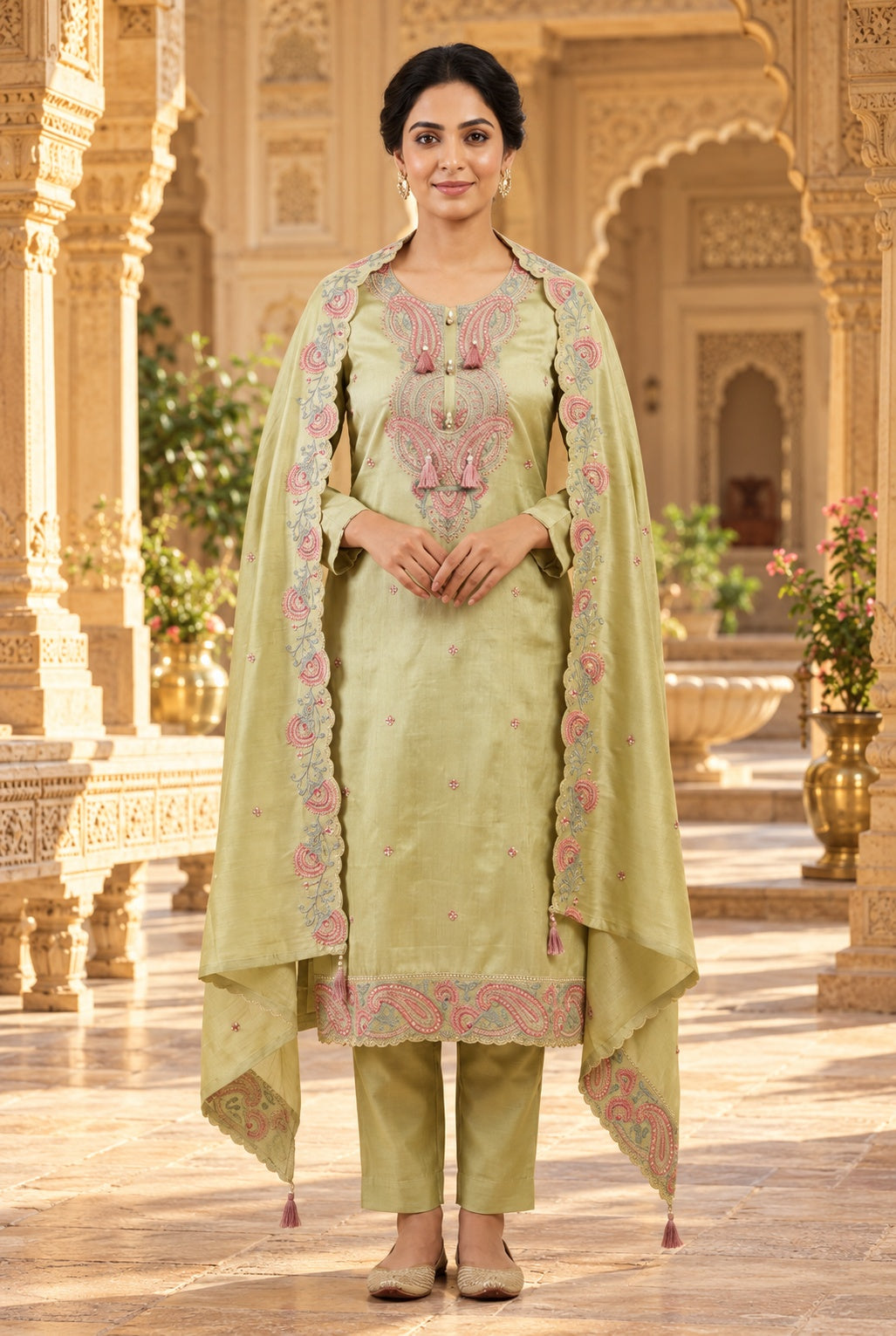 Pure Shimmer Silk Unstitched Suit Set with Resham Pearl Zari Embroidery & Swarowski Highlighting