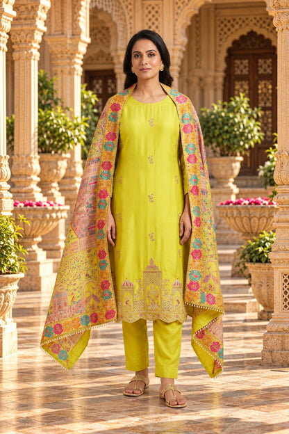 Pure Satin Crepe Unstitched Suit with Resham Zari Pearl Kutdanna & Banarasi Silk Dupatta