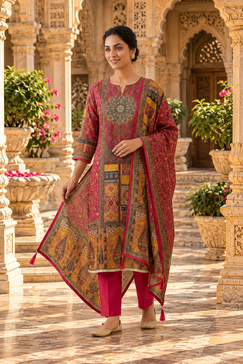 Satin Crepe Printed Unstitched Suit with Dabka Pearl Kutdanna Embroidery & Ghera Lace