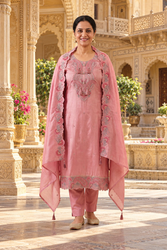 Pure Shimmer Silk Unstitched Suit Set with Resham Pearl Zari Embroidery & Swarowski Highlighting