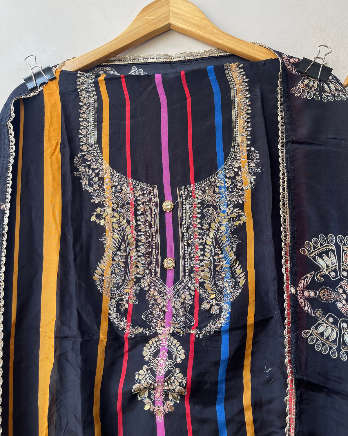 Satin Crepe Printed Suit with Swarovski Mirror Work