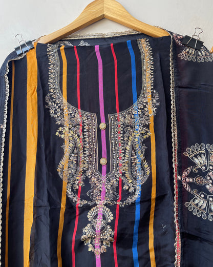Satin Crepe Printed Suit with Swarovski Mirror Work