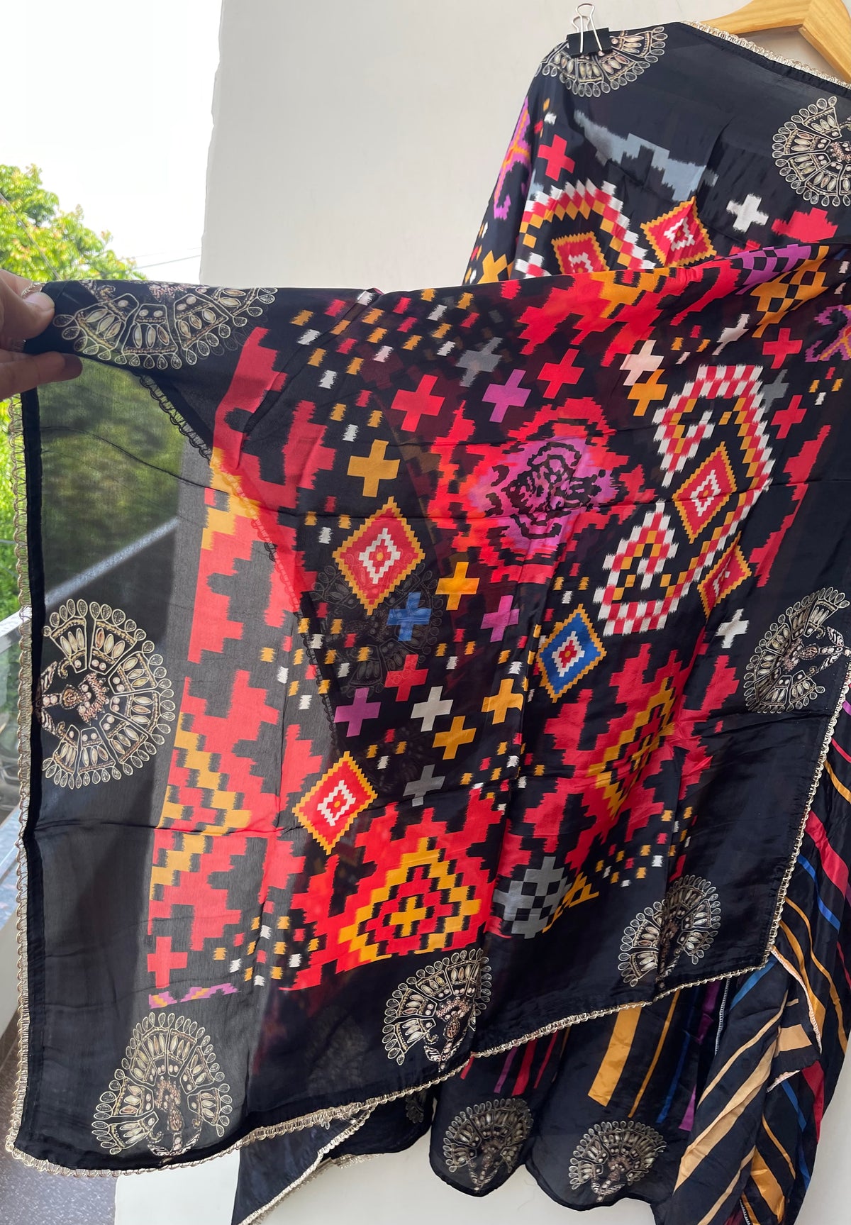 Satin Crepe Printed Suit with Swarovski Mirror Work
