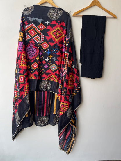 Satin Crepe Printed Suit with Swarovski Mirror Work
