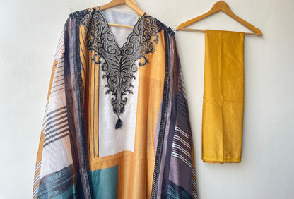 Mul Chanderi Printed Suit with Zari Neck Patchwork