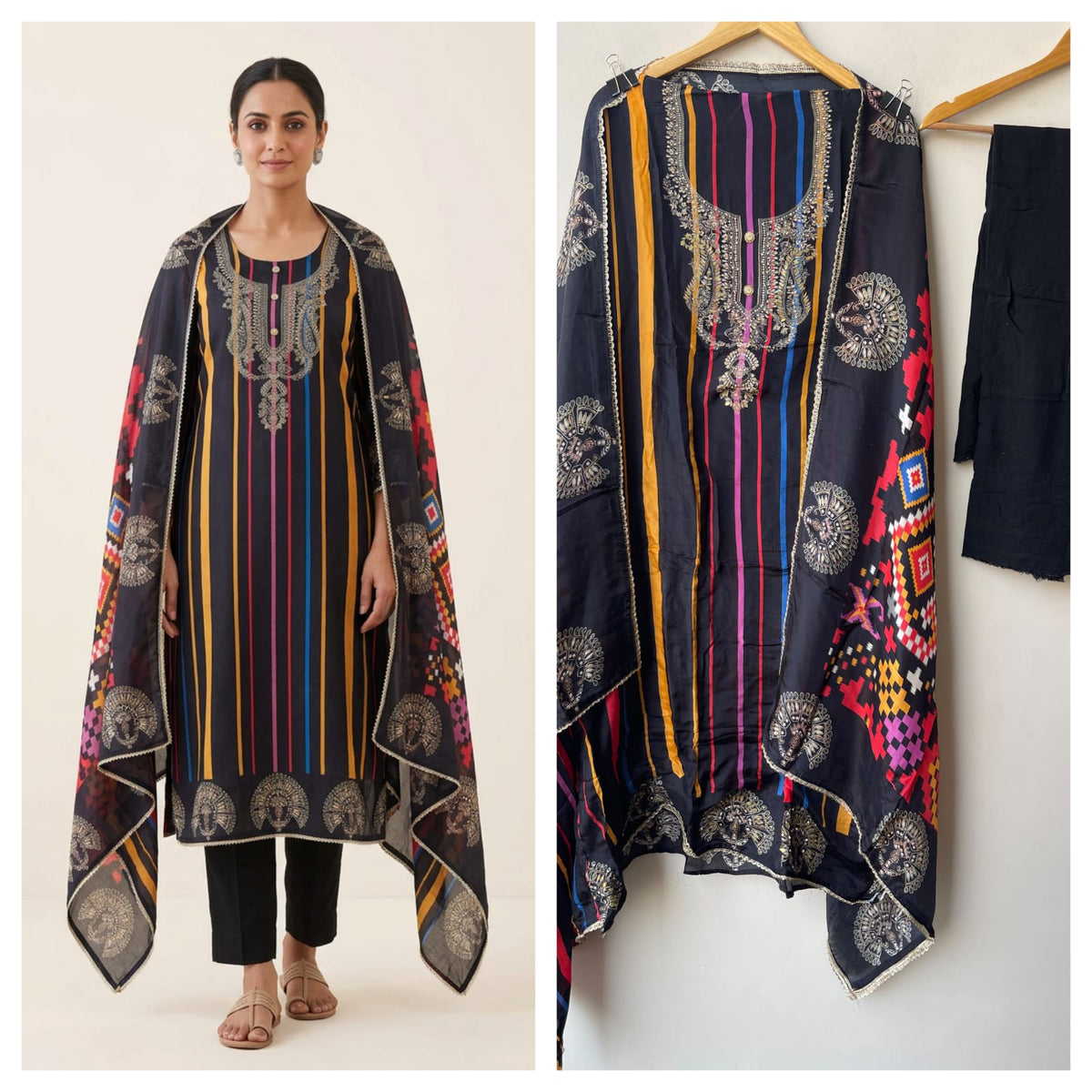 Satin Crepe Printed Suit with Swarovski Mirror Work
