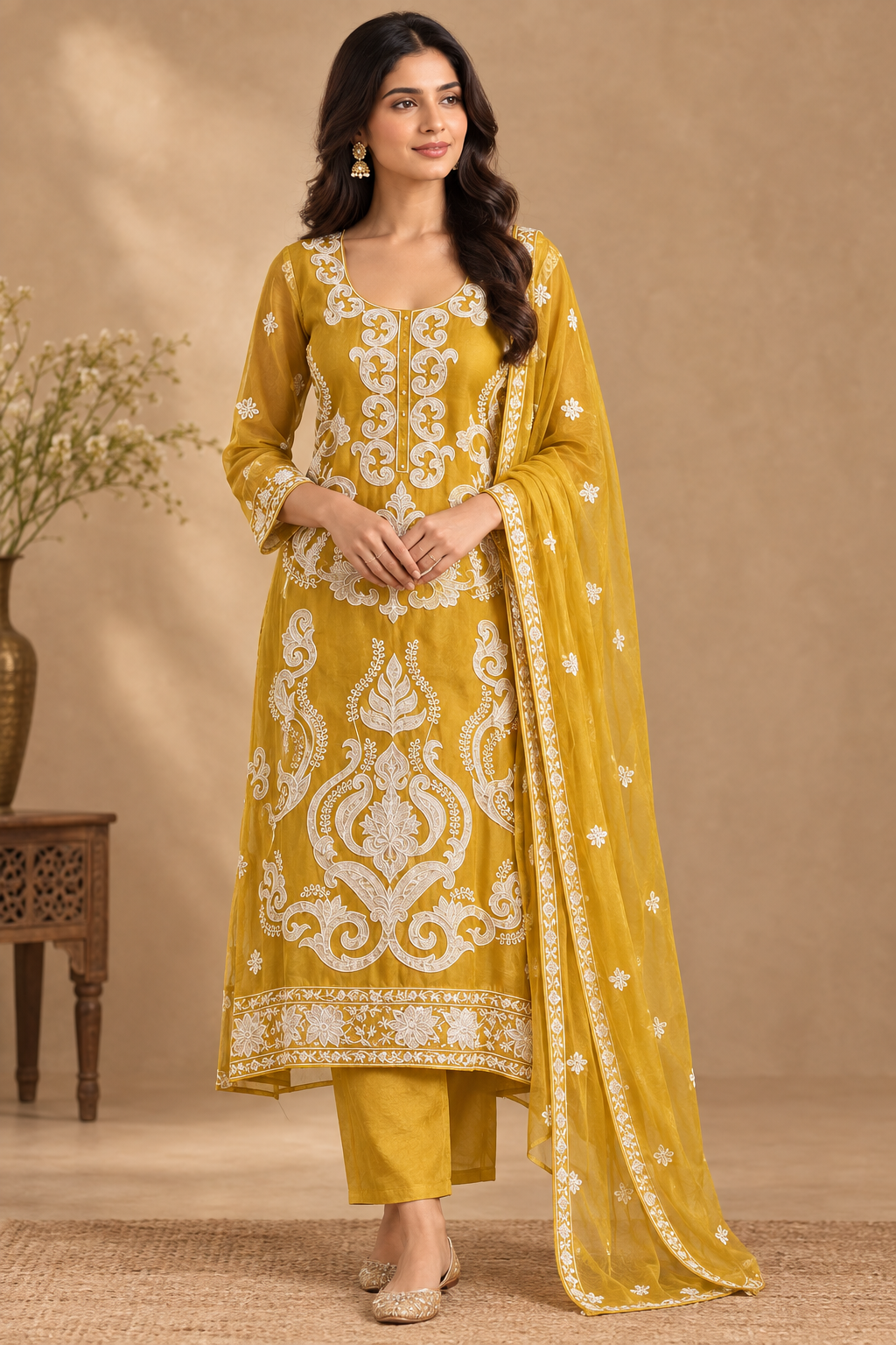 Model wearing the mustard-gold embroidered Indian suit