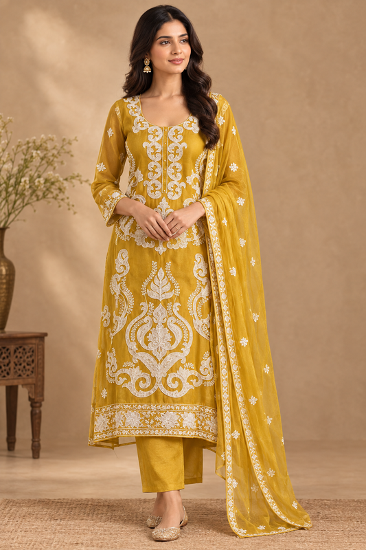 Model wearing the mustard-gold embroidered Indian suit