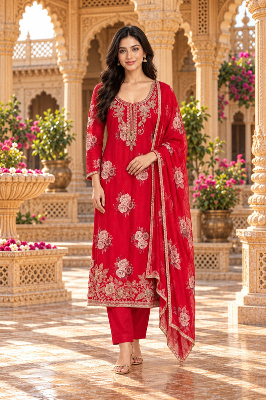 Premium Printed Satin Crepe Crimson Red Suit - Architectural Haveli Shoot