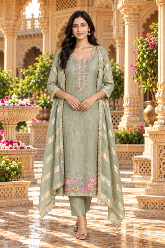 Elegant Crushed Shimmer Tissue Sage Green Suit - Architectural Haveli Shoot