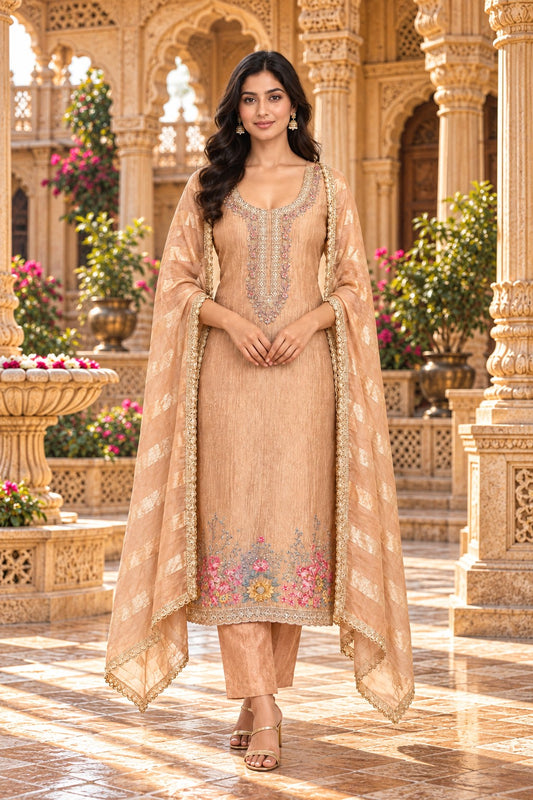 Elegant Crushed Shimmer Tissue Peachy Gold Suit - Architectural Haveli Shoot