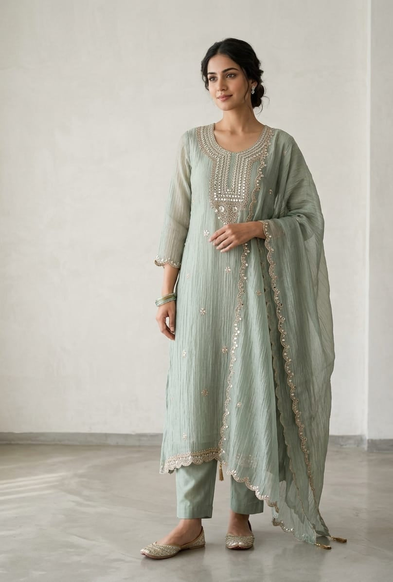 Exquisite Crushed Shimmer Tissue Designer 3 Pcs Suit Set