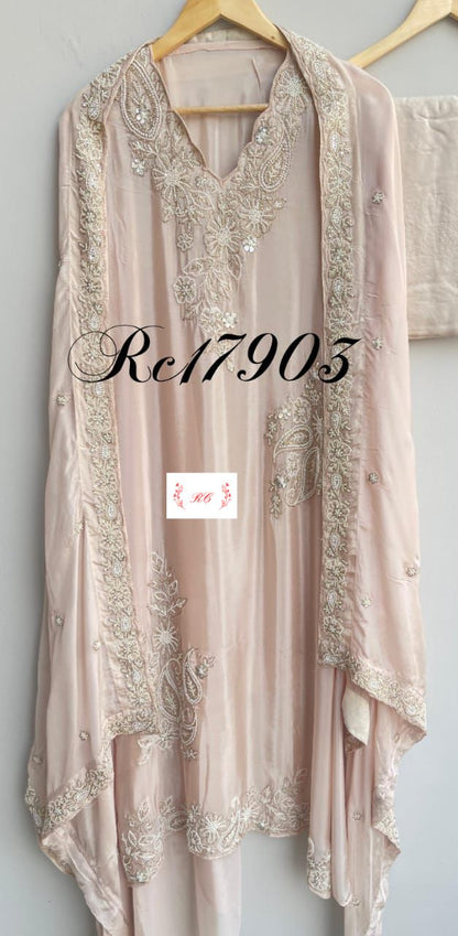 Satin crape unstitched ladies suit Rc17903