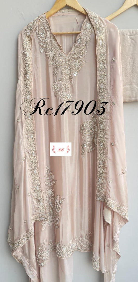 Satin crape unstitched ladies suit Rc17903