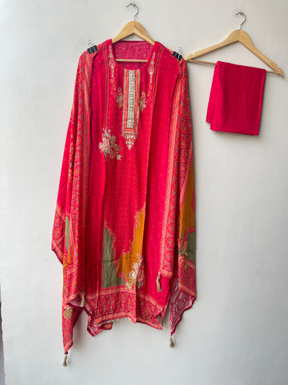 Crepe Satin Printed Unstitched Designer Suit Set