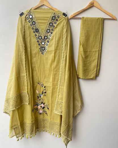 Premium Mul Chanderi Designer Unstitched 3 Pcs Suit Set