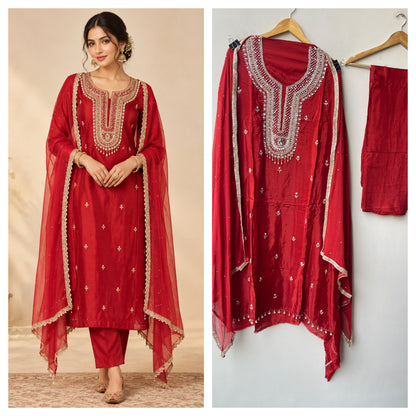 Crepe Satin 3 pcs Unstitched Designer Suit Set