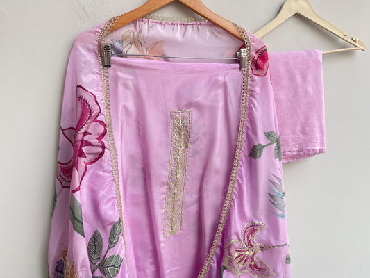 Satin crepe unstitched ladies suit Rc18355