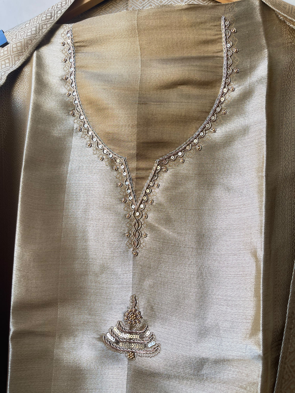 Exquisite Unstitched Self Shimmer Giraffe Silk 3ocs Designer Suit Set