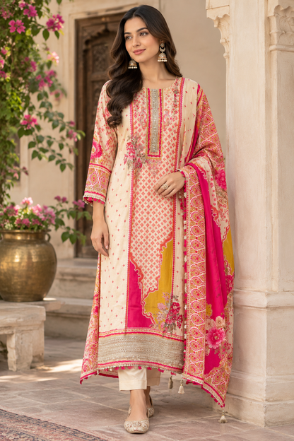 Crepe Satin Printed Unstitched Designer Suit Set