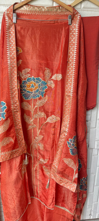 Elegant Shimmer Silk Embroidered Unstitched Designer Suit Set