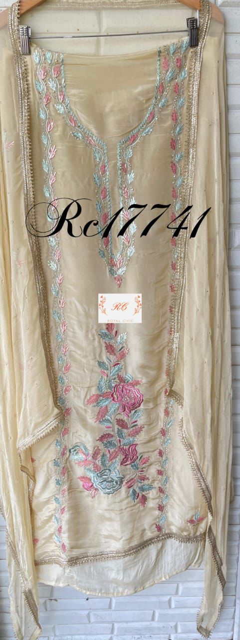 Crape satin unstitched ladies suit Rc17741