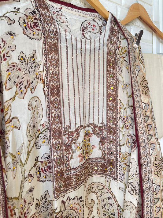 Satin crape unstitched ladies suit Rc17843