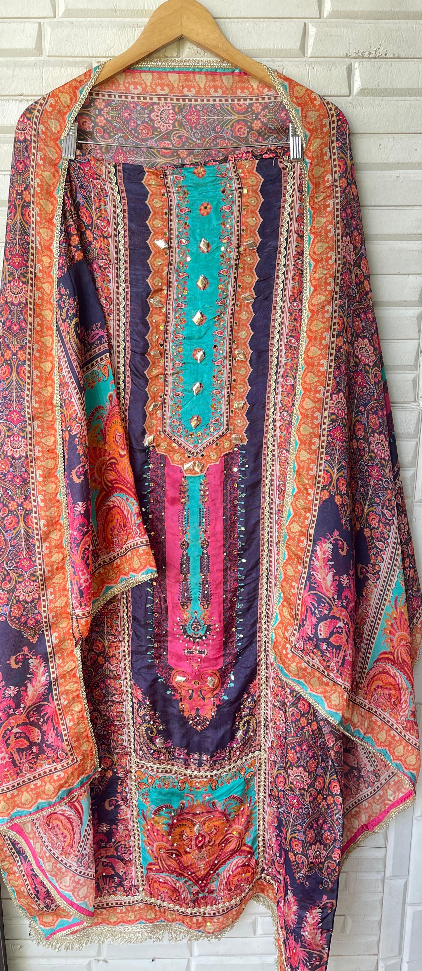 Crape satin unstitched ladies suit Rc17729