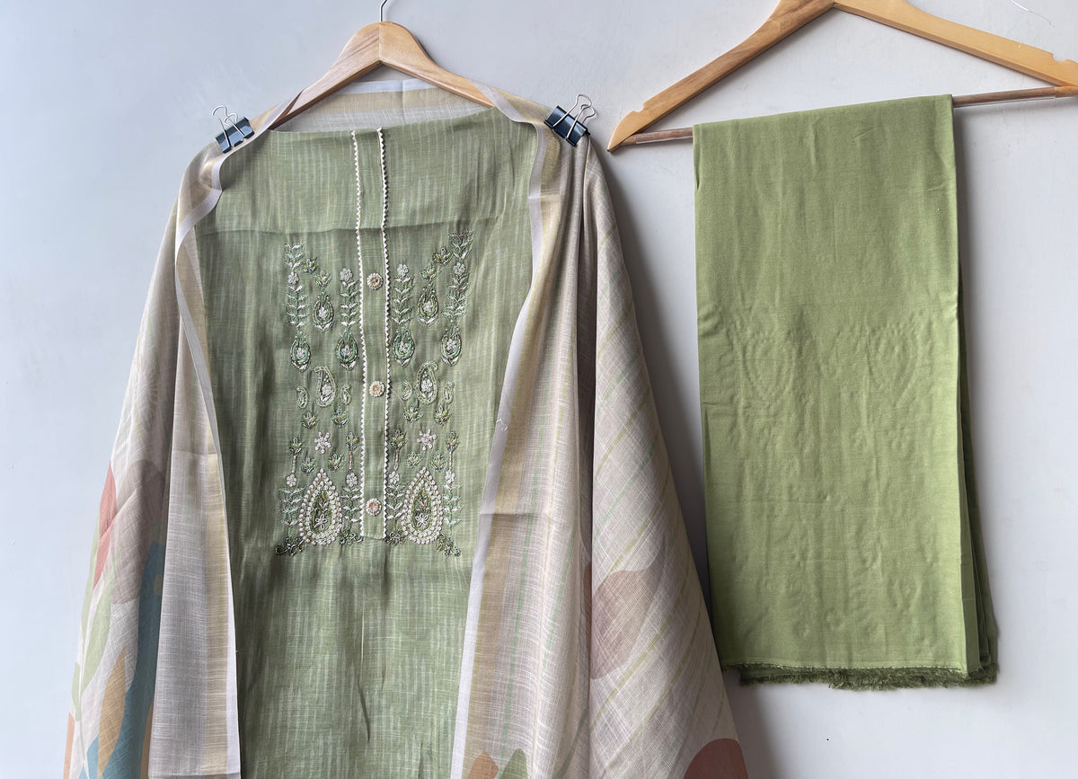 Self Shimmer Linen Embroidered Designer 3 Pcs Unstitched Suit Set