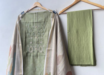 Self Shimmer Linen Embroidered Designer 3 Pcs Unstitched Suit Set