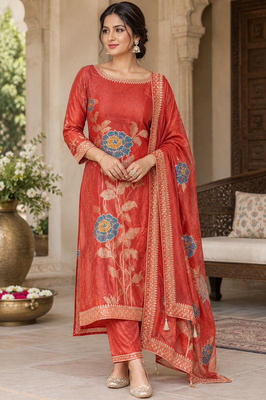 Elegant Shimmer Silk Embroidered Unstitched Designer Suit Set