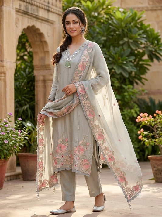 Satin crepe unstitched ladies suit Rc19318