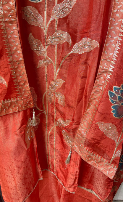 Elegant Shimmer Silk Embroidered Unstitched Designer Suit Set