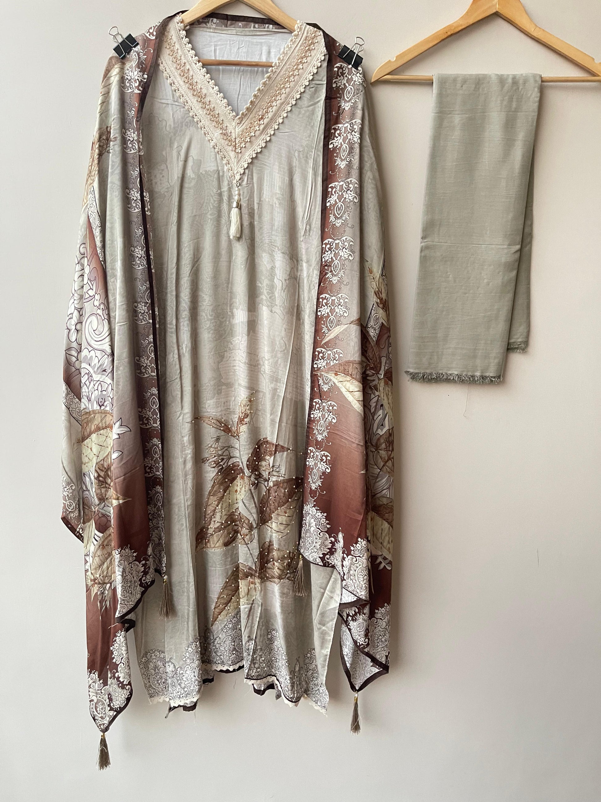 Self muslin printed unstitched salwar suit with beads, pearl and crochet work – RoyalChicByPriti