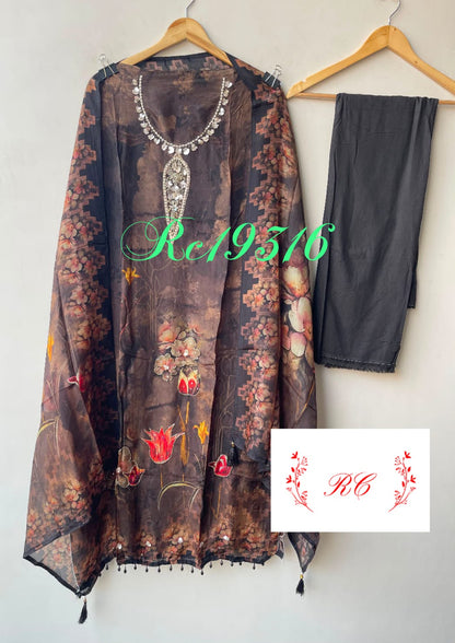 Glass organza printed ladies unstitched suit Rc19316