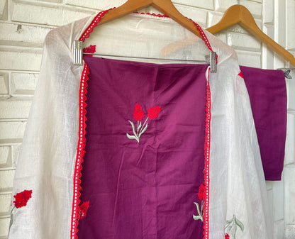 Cotton unstitched salwar suit with resham embroidery and mul cotton dupatta – RoyalChicByPriti