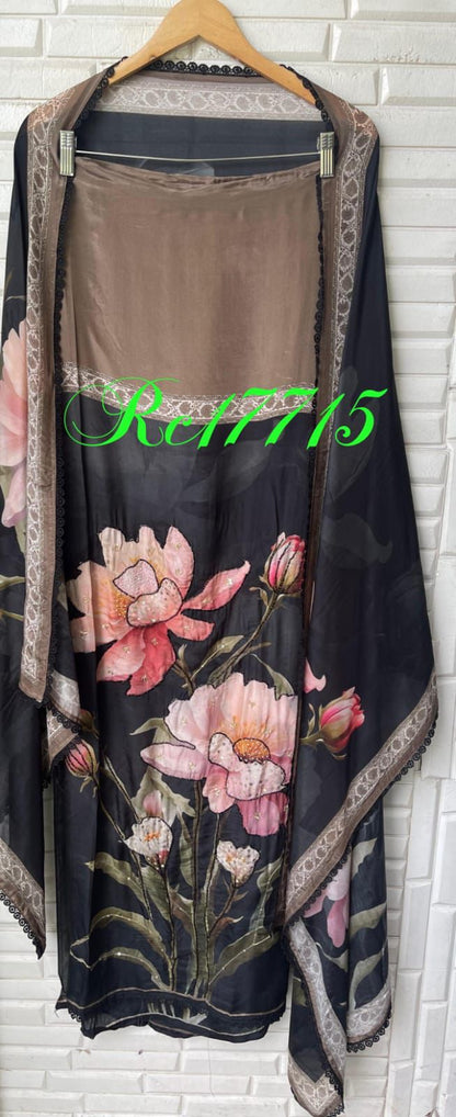 Pure crepe satin unstitched ladies suit Rc17715