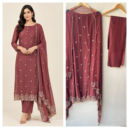 Premium Embroidered Crepe Satin Unstitched 3Pcs Suit Set