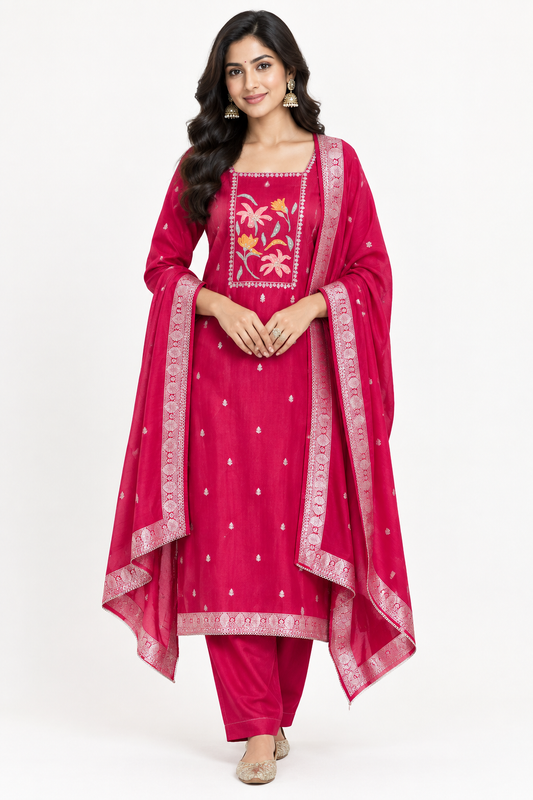 Banarasi Mul Chanderi 3pcs Designer Unstitched Suit Set